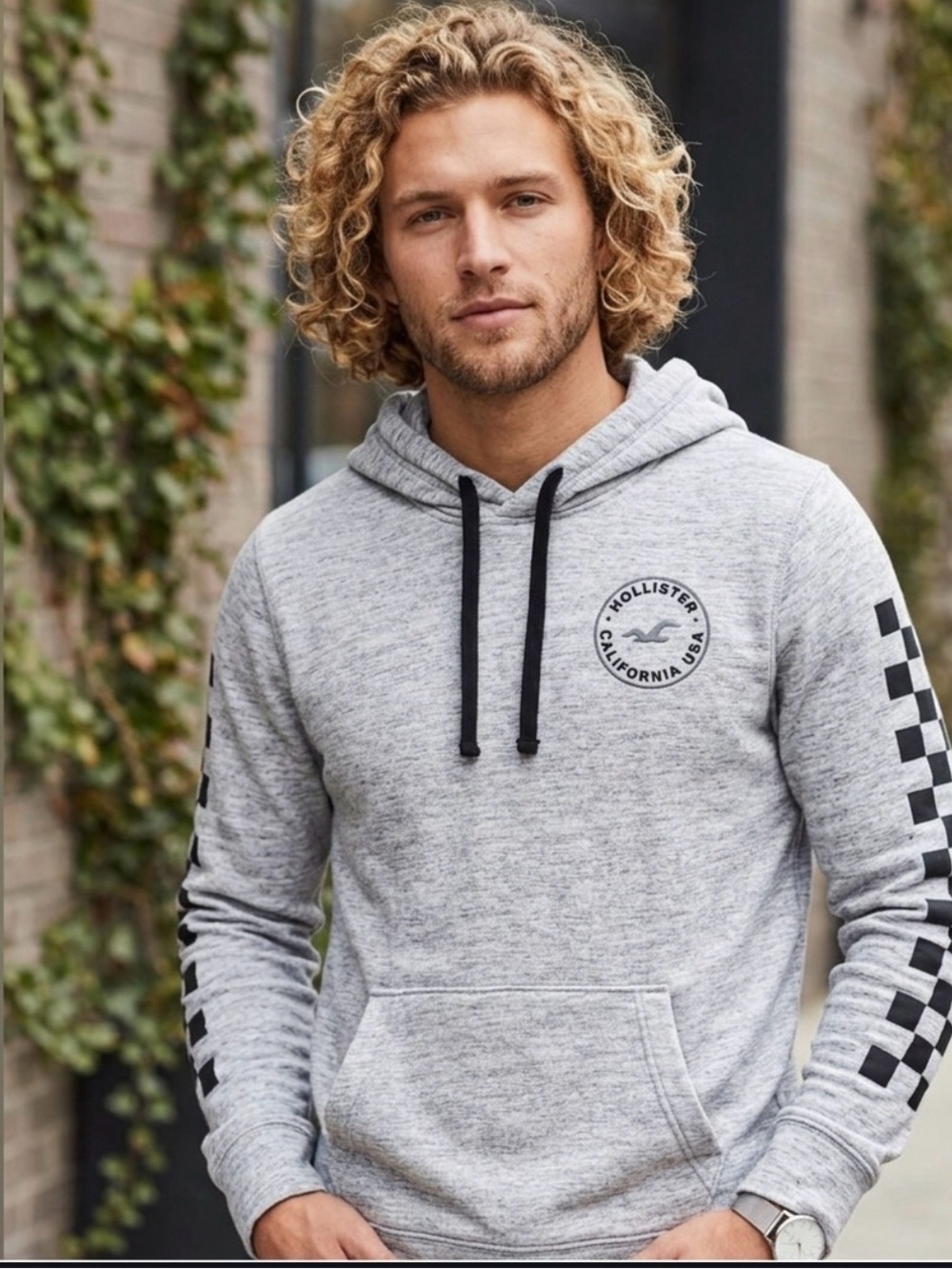 Hollister Size M Gray Pullover Hoodie with Black Sleeve Graphics